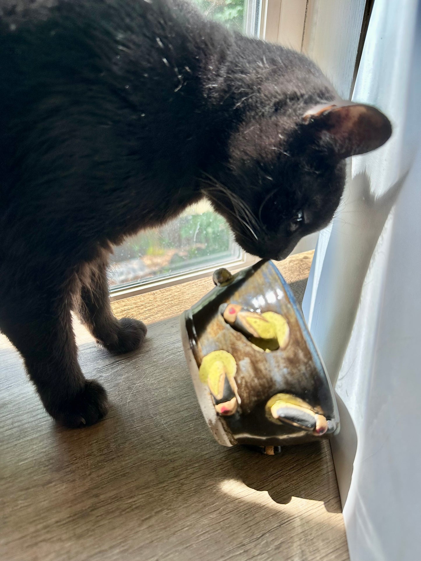 Black cat inspecting bronze-colored mug with streaks of inky blue and sculpted fireflies.