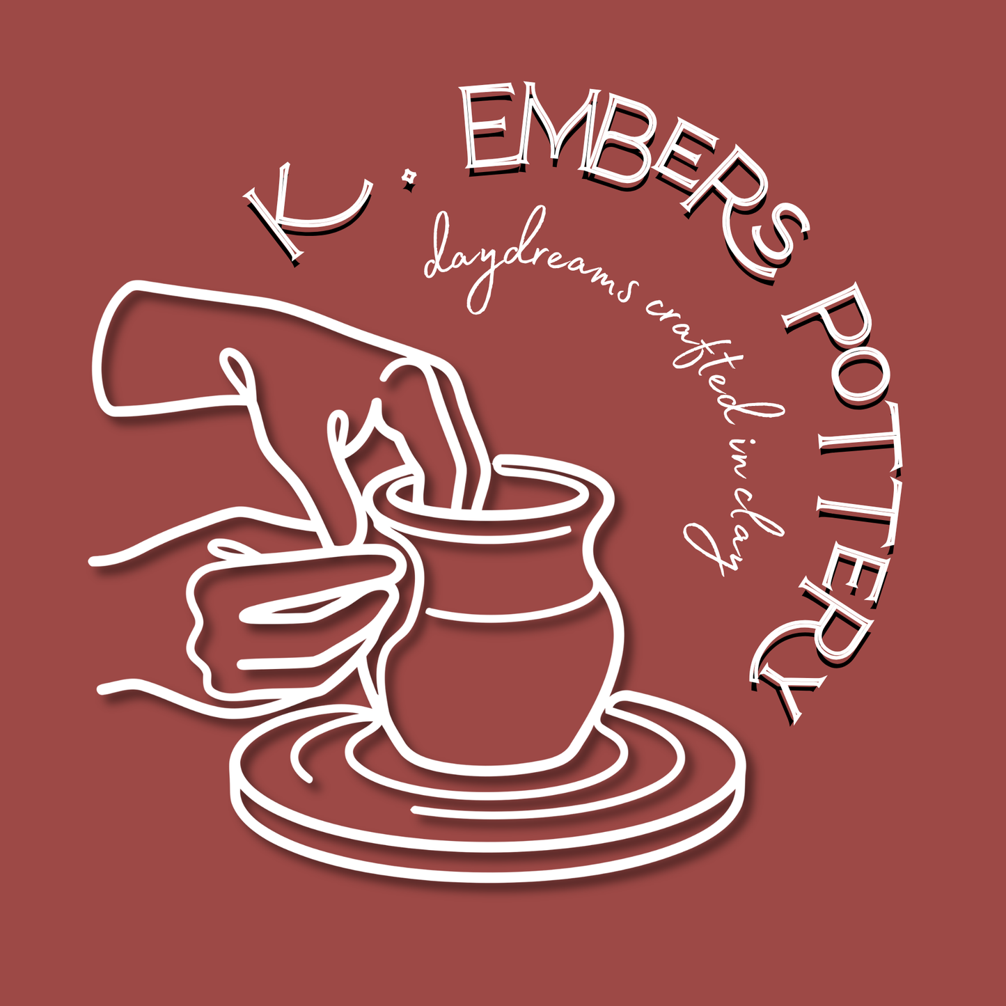 A circular white line-art logo on a muted reddish-brown background, showing a potter's hands shaping a clay pot on a wheel, with the text 'K. Embers Pottery' and 'daydreams crafted in clay' around the illustration.
