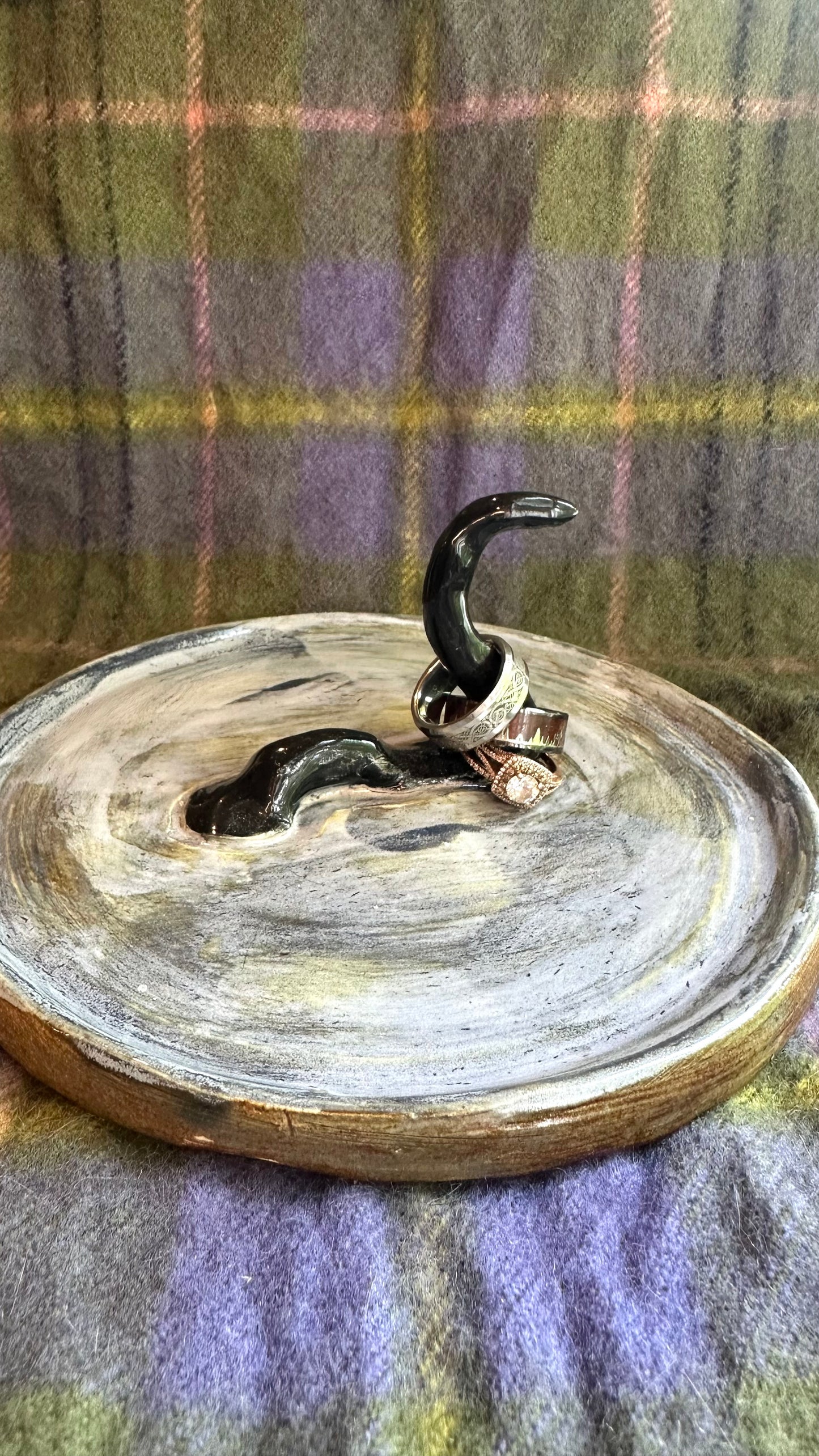 Loch Ness monster-inspired ring stand with several rings on its neck; black serpent in a pool of glossy, murky blue; Taylor sept of Cameron clan tartan in background.