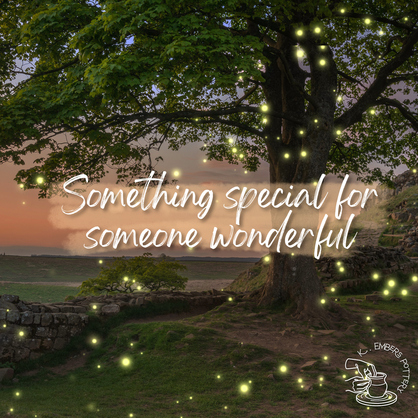 Fireflies float around a large tree at sunset. Text reads "Something special for someone wonderful."