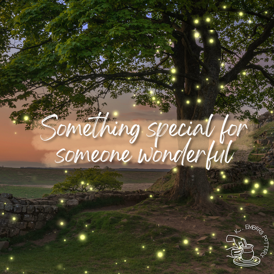 Fireflies float around a large tree at sunset. Text reads "Something special for someone wonderful."