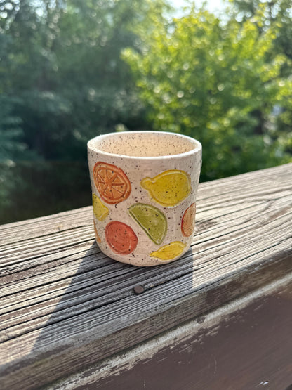 A small speckled white ceramic cup with colorful whole citrus fruits, citrus wedges, and citrus slices illustrations, sitting on a weathered wooden deck railing with a blurred green garden background in golden sunshine.