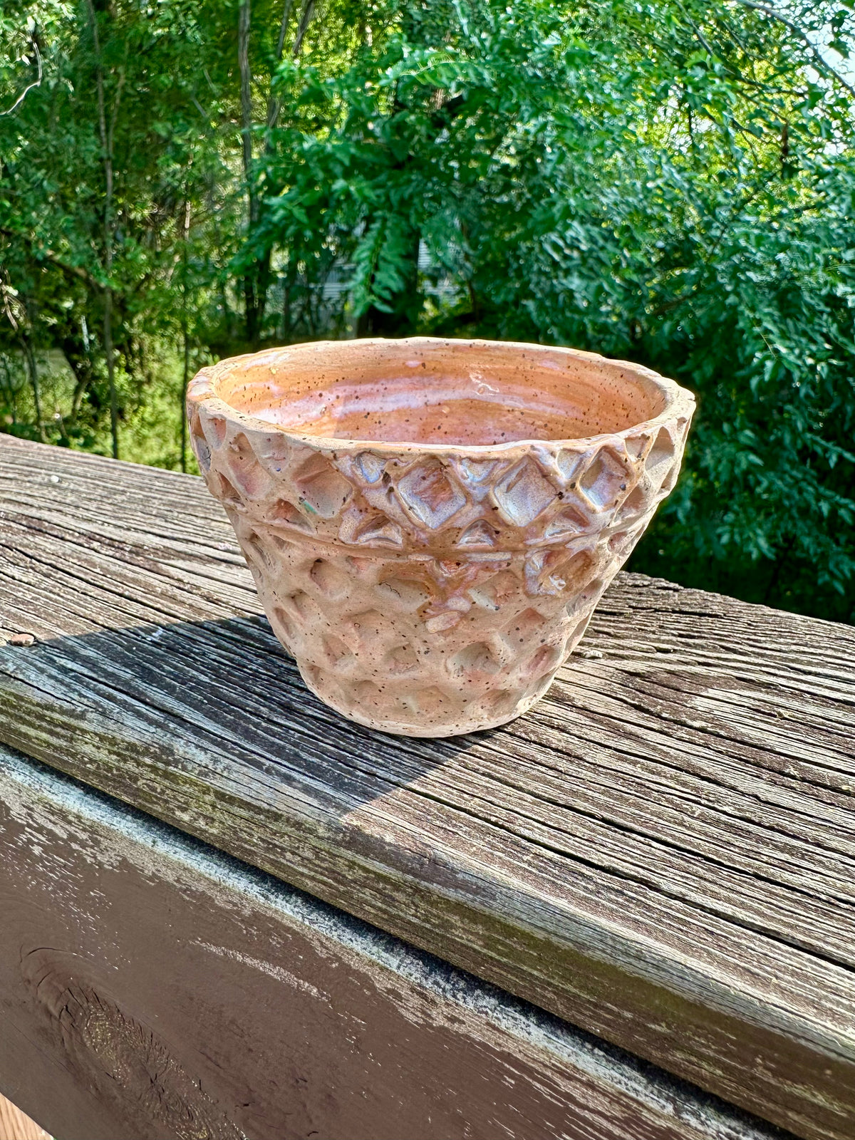 A small-medium bowl carved and colored to look like a waffle cone bowl; slight glossy glaze swirls on the brim and inside makes the illusion of dripping vanilla ice cream. Set on a worn wooden rail in front of a green forest background.